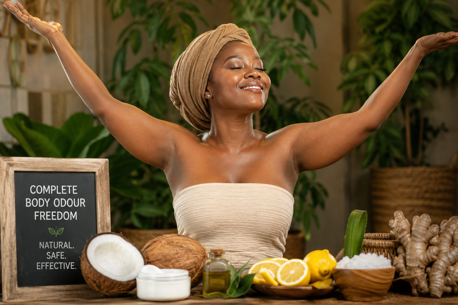 Confident African woman embodying complete body freedom
